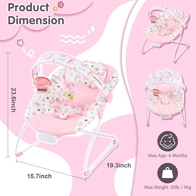 Baby Bouncer, Baby Bouncer Seat with Music and Vibration, Portable Infant Rocker for Indoor Outdoor Use, for Babies 0-6 Months, Up to 20 lbs