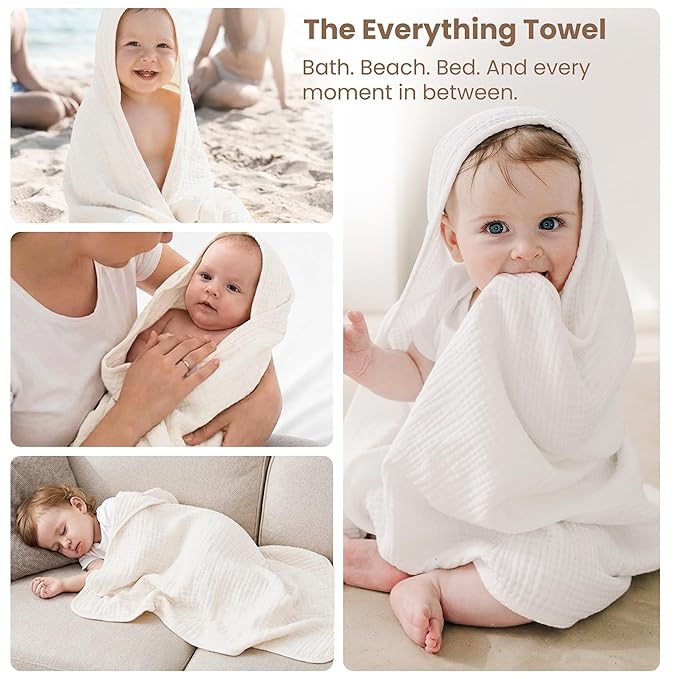 Konssy 2-Pack Muslin Hooded Baby Towels, 100% Cotton, Ultra-Soft & Absorbent Baby Bath Towels with Hood for Newborn & Infant (Camel, Sun,32" x 32")