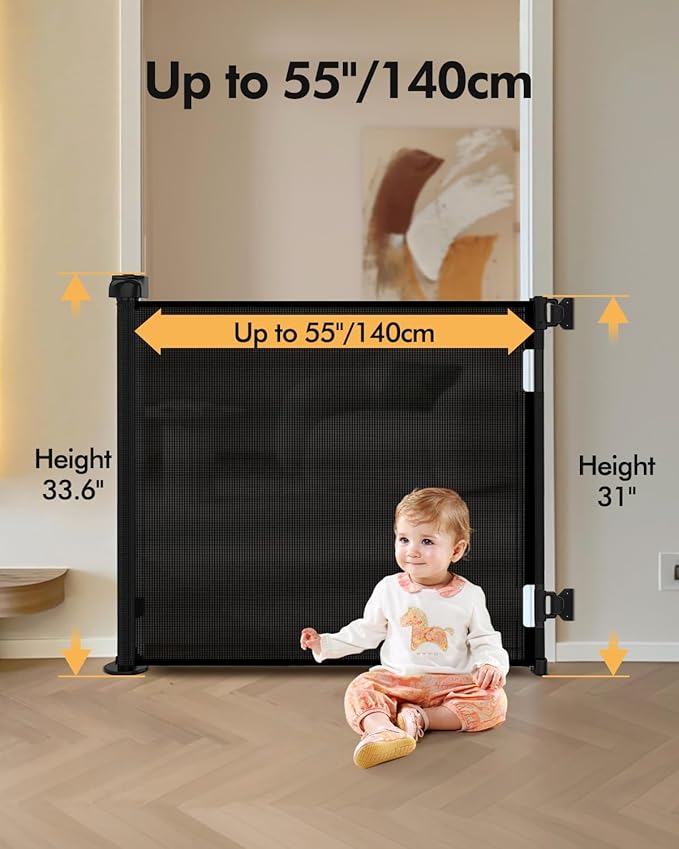 (2 Pack) Retractable Baby Gate for Stairs & Doorways,55" Wide x 33.6" Tall Easy Installation Mesh Dog Gate for Indoor & Outdoor Use,Pet and Dog Safety Gate for Hallways(Black)