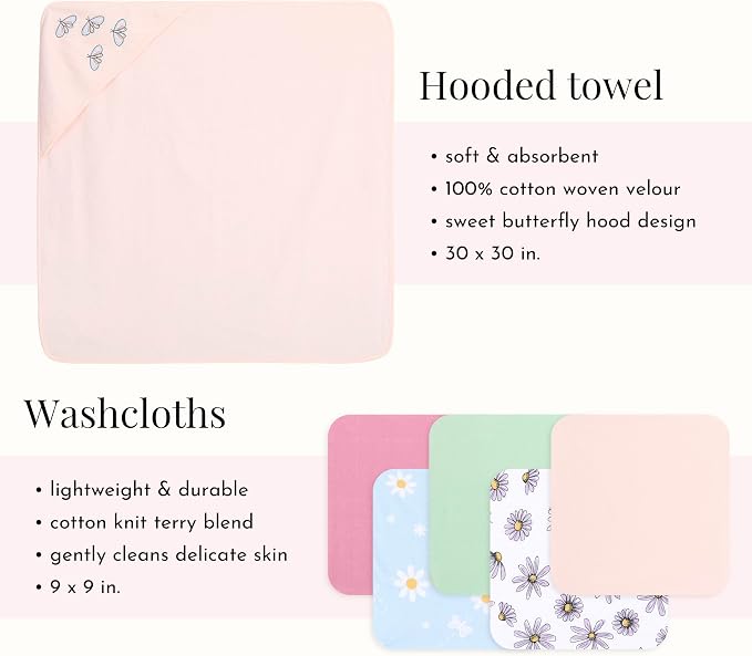 Evolur Secret Garden 6 pc Baby Gift Set, Includes Hooded Towel & 5pc Wash Cloths, Soft and 100% Cotton Woven, for Newborn, Infants and Toddlers 0-9 Months