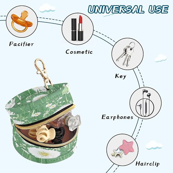 Pacifier Holder with Clip Pacifier Case for Diaper Bag Round Baby Pacifier Pouch Box Bag Portable Green Dandelion and Daisy01