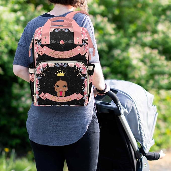 M YESCUSTOM Personalized Name Floral Diaper Bag, Customized Black Nursing Mommy Daypack with Large Capacity Nylon Backpack for Travel Holiday Gift for Women