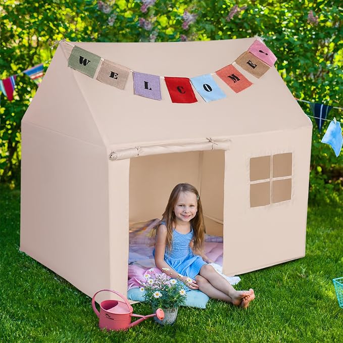Kids Play Tent Large Playhouse Indoor Outdoor Play House Tent for Boys Girls Toddlers Castle Tents with Banners (Beige(with One Window))