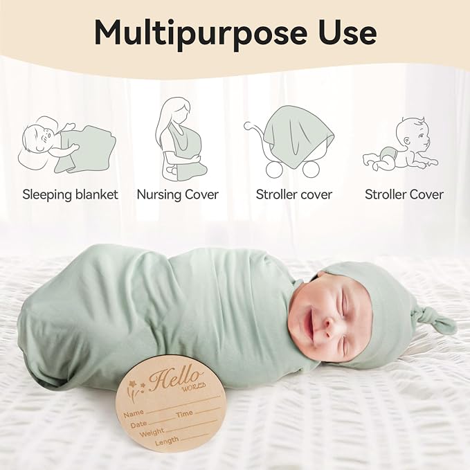 Rayon Made from Bamboo Newborn Swaddle Blanket Set with Matching Beanie, Super Soft Stretchy Baby Clothes Outfit for Girl Boy, Receiving Blankets Newborn Essentials, 35 x 35 Inch