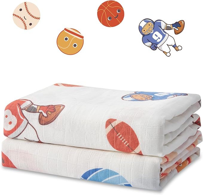 Muslin Swaddle Blankets for Newborn, 2 Pack Large 47"x47" Soft Breathable Bamboo Cotton Baby Blanket, Lightweight Receiving Blanket for Boys and Girls, Ball Games