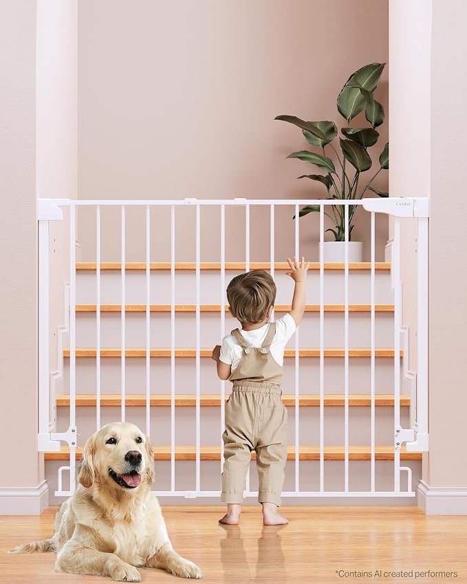 Cumbor 34" Extra Tall No Bottom Bar Baby Gate for Stairs, Hardware Mounted Dog Gate Indoor for Larger Pets, Expandable 29.2-43" Safety Gate for Doorways, Wide Walk Thru Door for Easy Access (White)