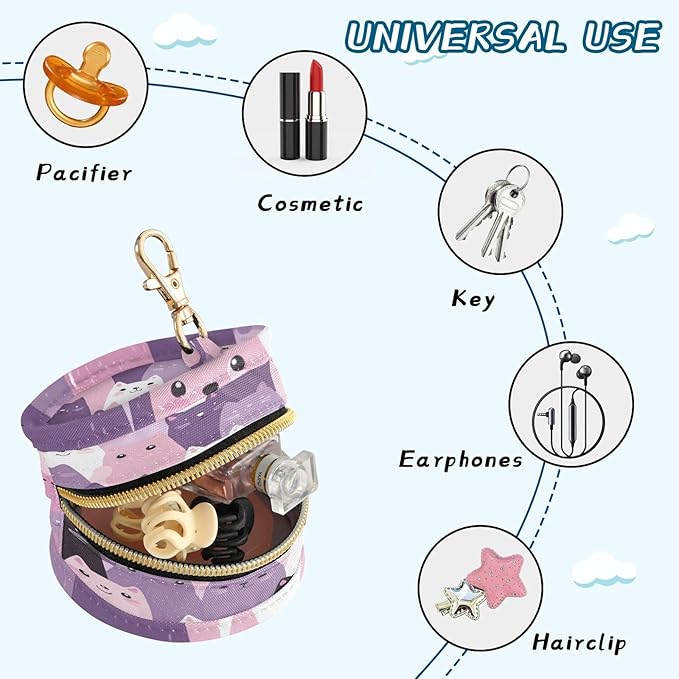 Pacifier Holder with Clip Pacifier Case for Diaper Bag Round Baby Pacifier Pouch Box Bag Portable Pink and Purple Cats