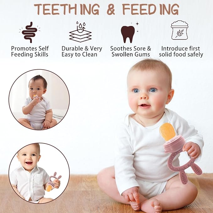 WAJIAYON Baby Breastmilk Popsicle Molds & Baby Fruit Feeder (3 Pack), Baby Food Freezer Tray Storage Containers, Silicone Teething Pacifier Feeder and Teether for Babies,Baby Feeder-Pink