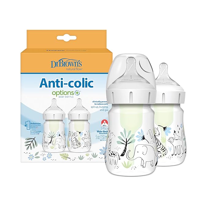 Dr. Brown's Anti-Colic Options+ Wide-Neck Baby Bottle Designer Edition Bottles, Jungle Decos, 5 oz/150 mL, Level 1 Nipple, 0m+, 2-Pack