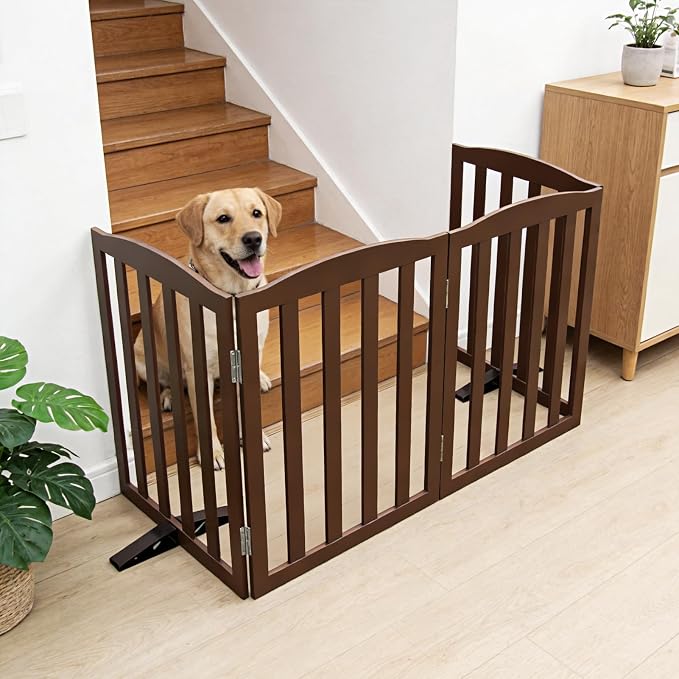 ZJSF Foldable Freestanding Indoor Dog Gate for House Wood Long Pet Gates Dog Fence for Stairs Puppy Gates for Hallways, Puppy Gate,Support Feet Included, Brown, 32 "Height-2 Panels
