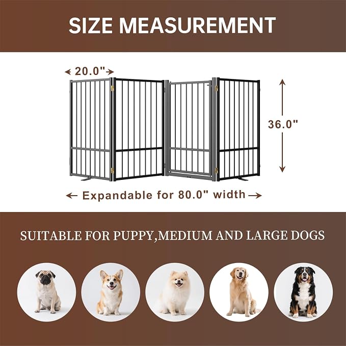 4 Panels Full Metal Freestanding Dog Gates with Door, 80” W x 36” H Folding Pet Gate Fence with Support Feet for Indoor,Stairs, Hallways and Doorways(Black)
