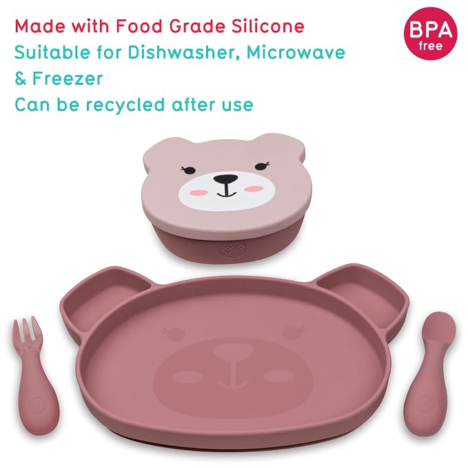 TUM TUM Baby Dinner Set for Weaning, Includes Silicone Suction Plate & Bowl, Baby Cutlery, 6 Months Plus, Dishwasher Safe, BPA Free (Betsy Bear)