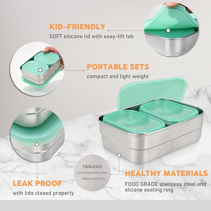 Tanjiae 3 CUP+1 CUP Stainless Steel Lunch Snack Containers Set | Leak Proof 304 Stainless Steel Food Containers with Silicone Lids - Perfect Metal Lunch Box for Home and Travel (25oz+8oz*2)