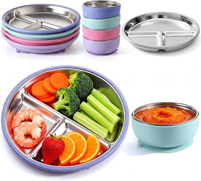 Havawish 8 Pcs Stainless Steel Baby Plate and Bowl with Suction, 8.3" Kid Divided Plate 4" Toddler Bowl with Removable Silicone, BPA-free Non-slip Baby Feed Set Dishwasher Safe for Boy Girl (Gray)
