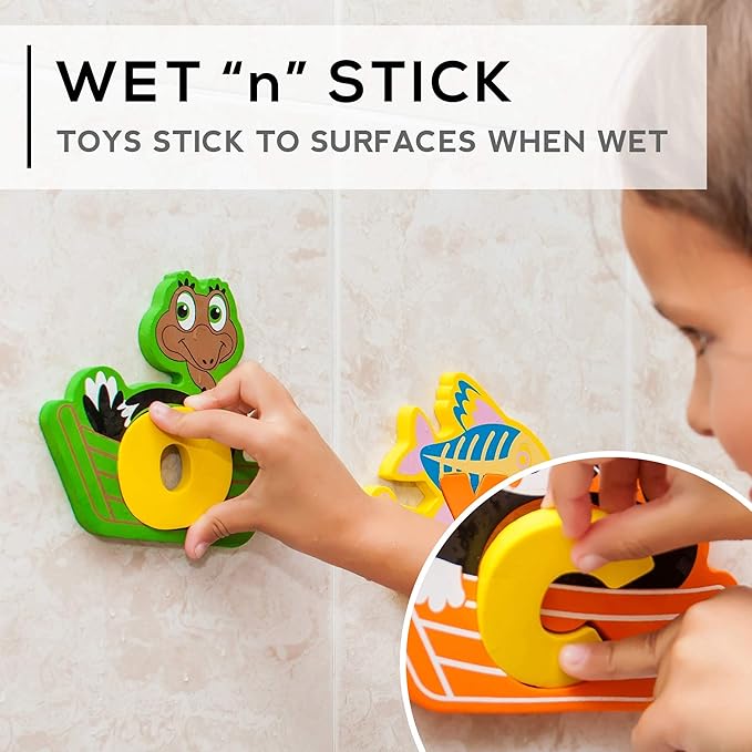 Bath Foam Alphabet Letters Toys - Non-Toxic Bathtub ABC Letters for Kids Toddlers - Premium Educational Floating Animals Puzzles with Toy Organizer for Baby Boys Girls - Set of 52 Pcs