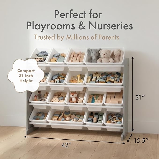 Humble Crew Supersized Toy Storage Organizer with 16 Removable Bins, Grey/White ??Large Toy Storage for Toddlers Ideal for Kids' Rooms, Playrooms, and Nurseries - Modern Toy Bins for Kids