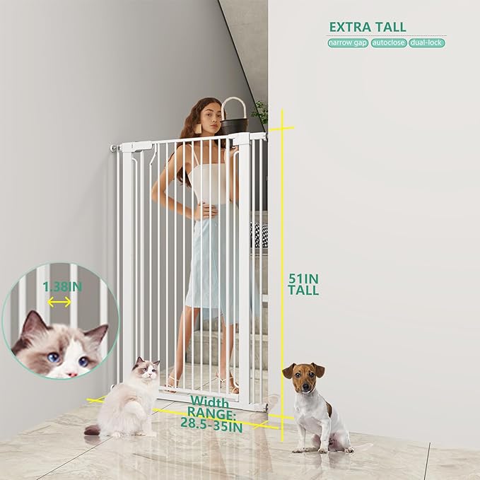 51" Extra Tall Cat Gate 28.5"-35" Wide, Auto Close, Pressure Mounted, for Cats & Small Dogs, Hallway, Stairs, Kitchen,Pet Gate,White