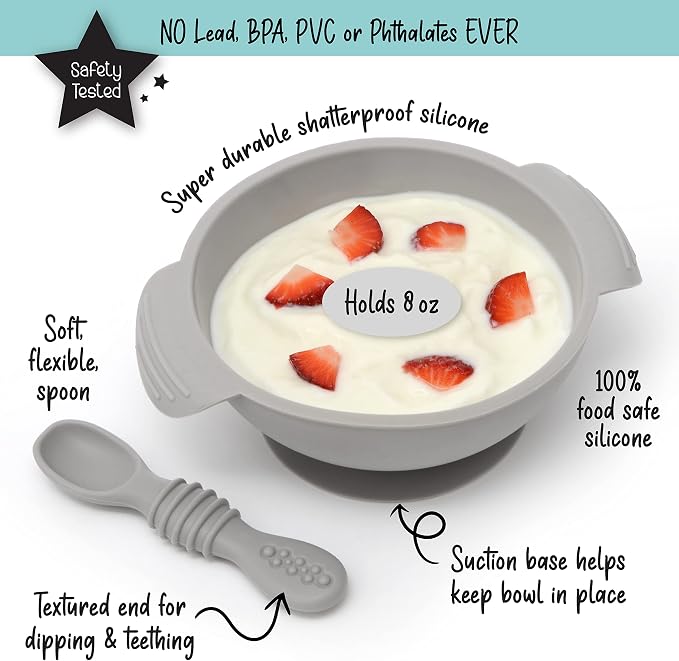 PrimaStella Unbreakable Silicone Non-Slip Bowl and Chew Spoon Set for Babies and Toddlers (Stone)