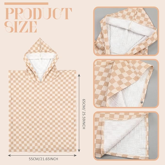 Frienda Muslin Hooded Beach Towel for Kids 3-6 Years Soft Muslin Bath Poncho for Baby Absorbent Fast Drying Blankets for Boys Girls Newborns Toddler Beach Pool Bath Essentials(Checkered, Brown, White)