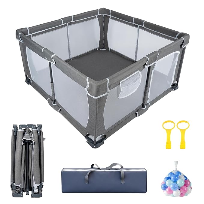 Foldable Baby Playpen,PlayPens for Babies and Toddlers，Indoor Outdoor Safety Play Area, Portable Child Activity Large Collapsible Play Yard，Folding Fence (Cationic Fabric-Grey, 50"x50")