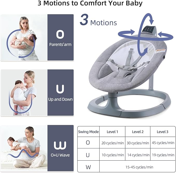VaVaSoo 2-in-1 Electric Baby Swing, Dual-Arm Support Tollder Chair up to 66 lbs for Enhanced Stability, 3 Swing Motions & 8 Soothing Sounds, 2 Adjustable Height, Light Grey