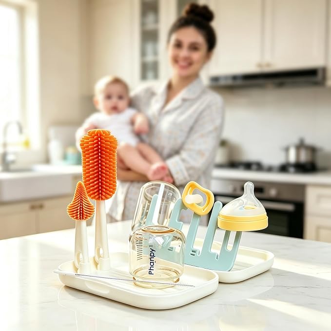 Phanpy Traveling Bottle Brush Set Portable Baby Bottle Cleaner Kit with Silicone Brush, Nipple Brush, Straw Brush, Drying Rack, Storage Box for Home and Travel
