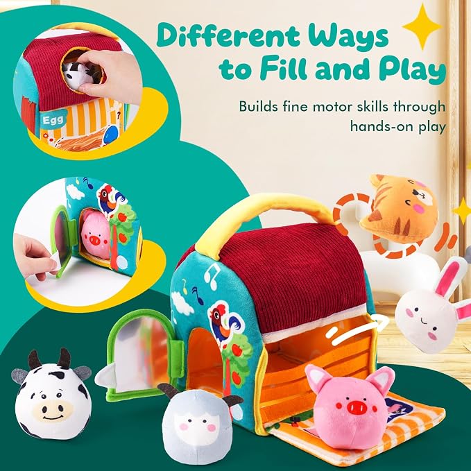 Baby Toys 6-12 Months - Soft Barn with Stuffed Farm Animals, Sensory Balls, Crinkle Paper & Mirror - Montessori Toys for Toddlers 1-3, 1 Year Old Boy Girl Gifts