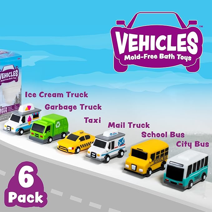 Tub Works® Vehicles??Bath Cars Mold Free Bath Toys, 6 Pack | Sealed, No Hole Bath Toys Design Keeps Moisture Out | Soft, Squeezable & Float on Water | Fun Baby & Toddler Bath Toys | City Car Bath Toys