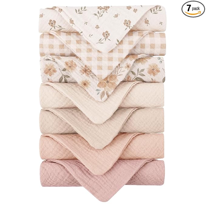 Konssy Baby Muslin Washcloths 7-Pack, 100% Cotton Baby Bath Washcloths, Soft & Absorbent Wash Cloths and Burp Cloths for Newborn Kids Girls & Boys, 11x11 inches