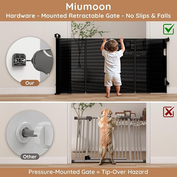 Miumoon One-Hand Operation Retractable Baby Gates, 120 inch Retractable Gate with Reinforced Strip Design to Prevent Crawling Through, 10 FT Extra Wide Retractable Dog Gate for Indoor/Outdoor