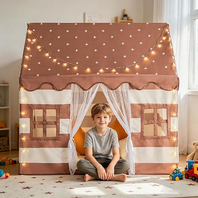Large Kids Tent Indoor with Padded Mat & Star Lights, Playhouse for Ages 3-8, Play Tent Indoor Outdoor, Reading Nook, Role Play Kids Toys, Toddler Tent for Boys Girls Birthday Gift