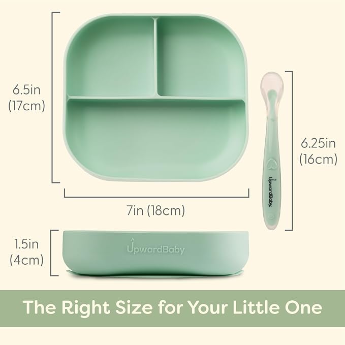 UpwardBaby 2 Pack Baby Plates and Spoon Set - Silicone Divided Suction Plates for Babies, Toddlers & Kids - Less Mess, Portion Food Plates Feeding Set - Non-Slip, Non-Toxic, BPA Free - Sage/Pink