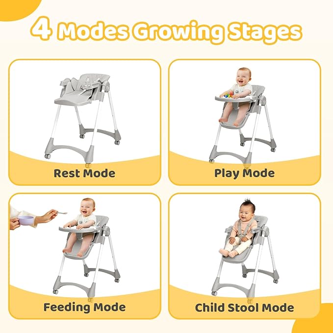 JOYMOR Foldable Baby High Chair, 4 in 1 Convertible Highchair for Eating, Height Adjustble and Multiple Recline, Compact Foldable Design for Easy Storage (Gray)