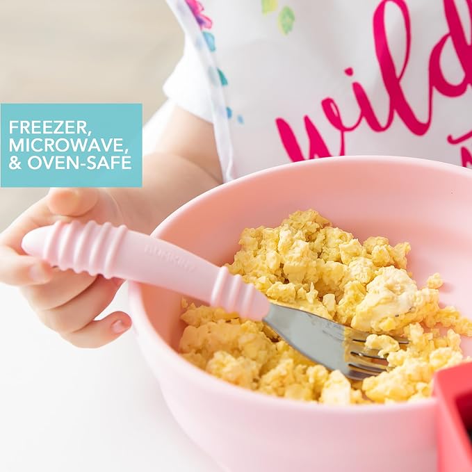 Bumkins Baby Bowl, Silicone Suction, for Babies, Toddlers and Kids, Baby Led Weaning, Feeding Essentials, Platinum Silicone, Non Skid Sticky Bottom, Supplies for Children Ages 6 Months Up, Pink