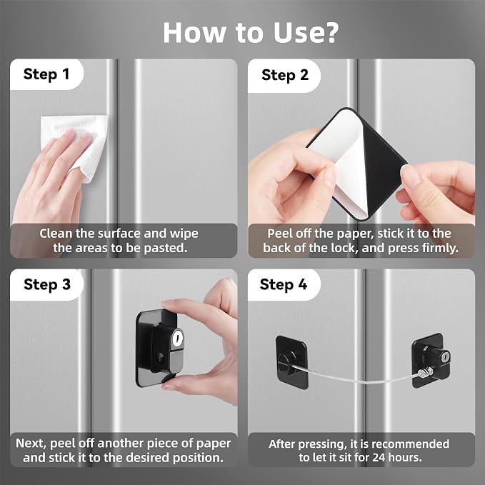 Fridge Lock with Key, Safety Lock for Refrigerator, Cabinet, Drawer, Window – Easy to Install, No Drilling(4 Pack, Rectangle Black)