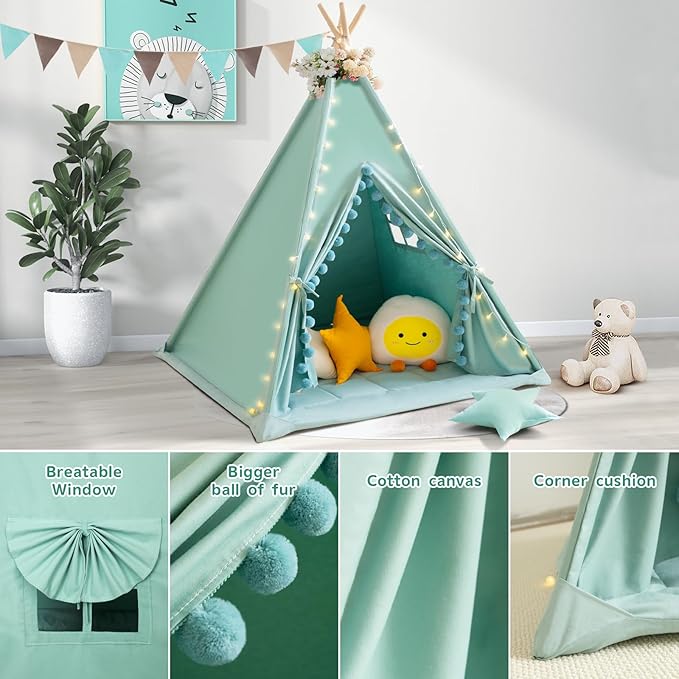 Teepee Tent for Kids with Padded Mat Cotton Canvas Kids Tent with Pompom for Toddlers Indoor Play Tent for Girls Boys with Stars Lights, Carry Bag, Banner Flag (Green)