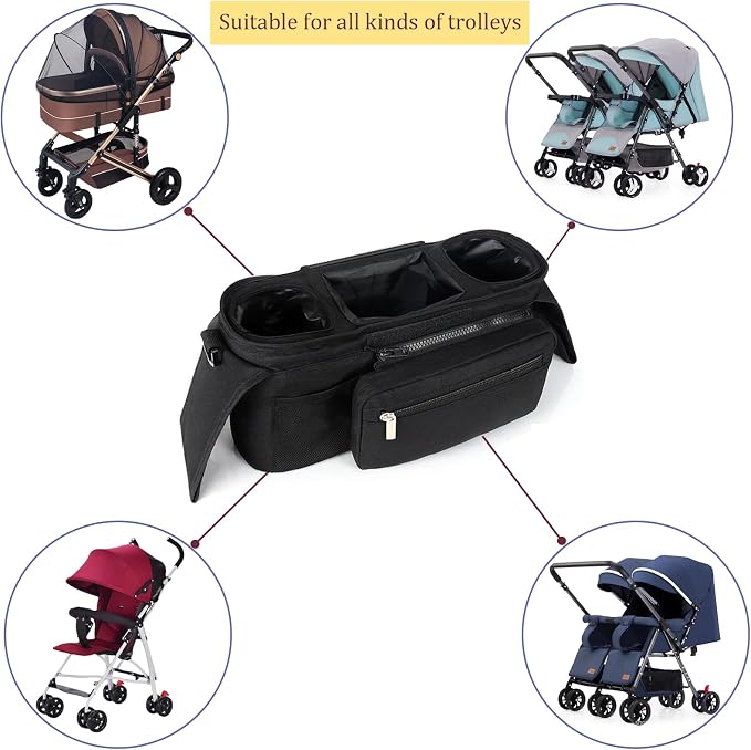 Universal Baby Stroller Organizer，with Heightened Insulated Cup Holder,Detachable Phone Bag,Shoulder Strap and Mesh Bag，Fits Most Strollers.