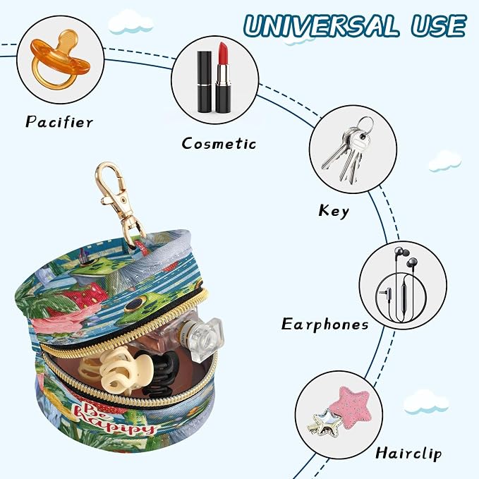 Pacifier Holder with Clip Pacifier Case for Diaper Bag Round Baby Pacifier Pouch Box Bag Portable Cute Blue Striped Frog Floral Strawberry
