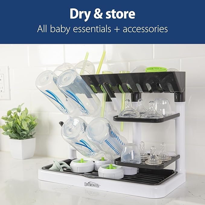 Dr. Brown's Drying Tower, Stand-Up Drying Rack with 2-in-1 Dry & Prep Silicone Mat, Silicone Baby Bottle Drying Mat with Removable Pegs for Baby Essentials, Built-in Bottle Prep, BPA-Free