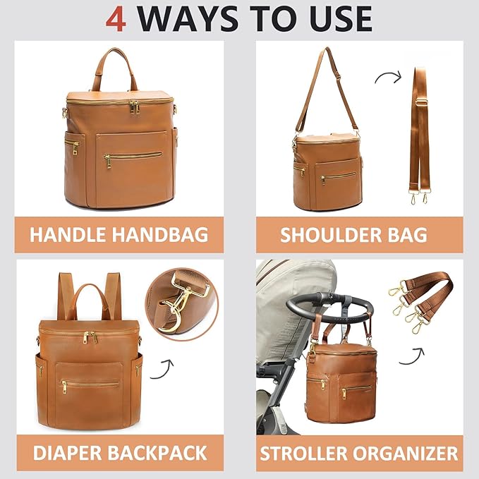 Diaper bag, Leather Diaper Bag Backpack by MF Store, Diaper Backpack with Laptop Sleeve,Changing Pad,Wipes Pouch,Stroller Straps and Insulated Pockets