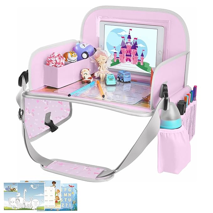 MENZOKE Kids Travel Tray for Toddler Car Seat, Toddler Gift for Girl Activities with Dry Erase Board & iPad Holder Stand,Road Trip Essentials Accessories Lap Tray for Girl as Birthday Gift,LightPurple