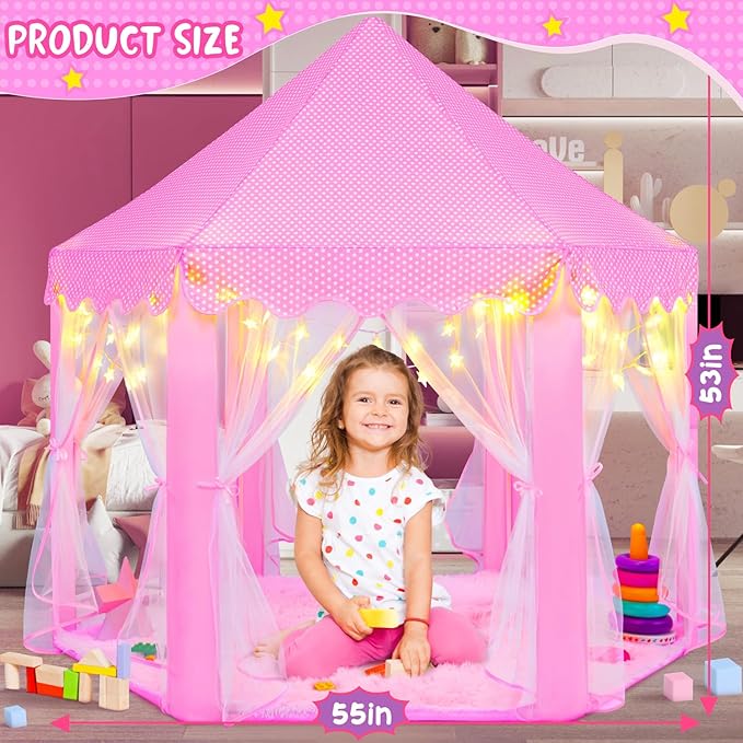 Pink Princess Tent for Girls With LED Small Star Lights, Castle Playhouse for Children Toddlers Indoor Outdoor Games, 5553 Inches
