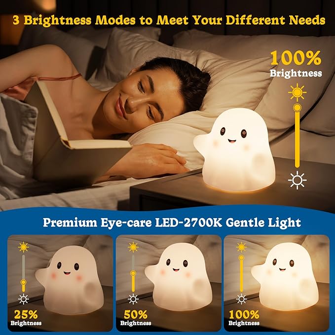 Rechargeable Night Light for Kids, RGB Ghost Night Lights 30-Min Timer/9 Sounds/9 Sleep Music/Touch Sensor, Multi-Color Silicone LED Night Lamp for Bedroom Nursery Room Christmas Decor