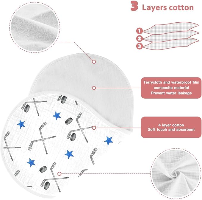 2 Pack Muslin Burp Cloths Ice Hockey White Print Cotton Baby Burp Cloths Ultra Absorbent Burping Cloth Soft Spit Up Rags for Newborn Must Haves, Large 22" x 11"