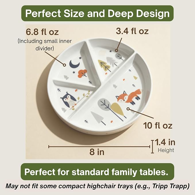 Divided Ceramic Toddler Plate With Silicone Lid And Non-Slip Base, Non-Toxic Porcelain Dish For Babies And Kids, Microwave And Dishwasher Safe, 8 Inch, animal design, Sky Mist