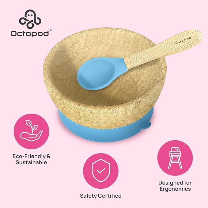 Abiie Octopod Bamboo Baby Bowl Set for 4 Months and Up – Mess-Free High Chair Suction Bowl with Spoon for Toddlers and Kids - Ergonomic Baby Feeding Essentials - 5.7" x 3" x 5.7" - Blue