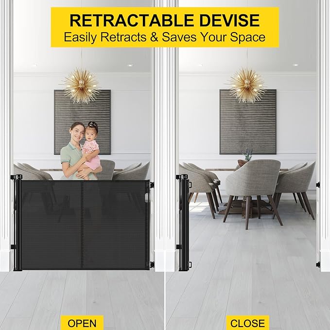 Reinforced 42??Extra Tall Retractable Baby Gates with Rods, Extends up to 60??Wide, Tall Retractable Dog Gate for Doorways Prevent Crawling Through Mesh Pet Gate Indoor Outdoor, Black