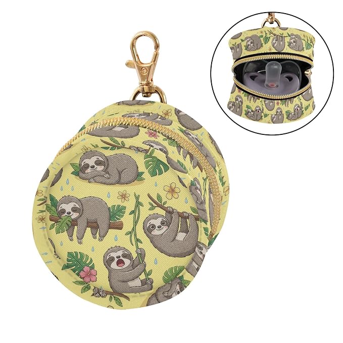 Cute Sloth Leaves Yellow Print Pacifier Holder Case for Diaper Bag Portable Travel Pacifier Storage Case with Clip Newborn Baby Pouch for Baby Boys Girls Outdoor Purse