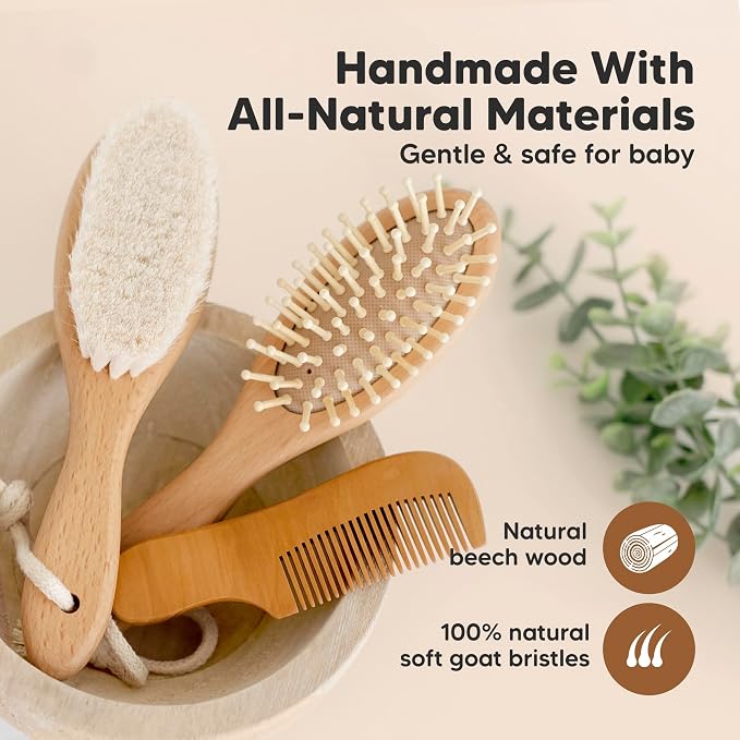 KeaBabies 2-Pack Hooded Baby Towels for Newborn and Baby Hair Brush and Comb Set - 100% Soft and Absorbent for Newborns, Infant, Wooden Kids Brush with Soft Goat Bristle