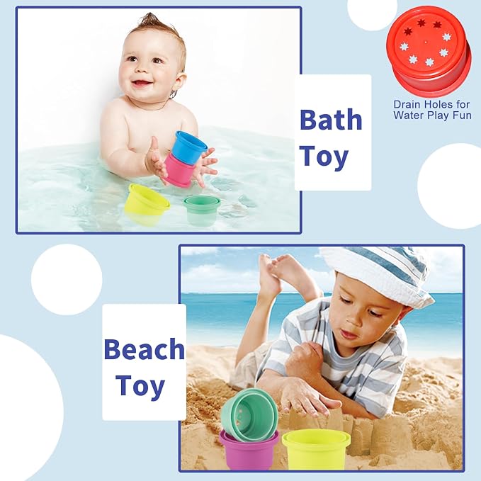 WEEJOYGAM Stacking Cups Baby Toys 6 to 12 months, Nesting Stacking Toys for Toddlers 1-3, Learning Montessori Toys for 1 Year Old Boy Girl Gifts, Sensory Color Sorting Bath Pool Beach Stackable Blocks